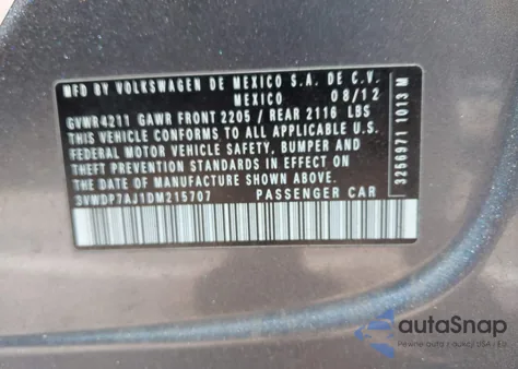 2013 Volkswagen Jetta 2.5L Se z USA, uszkodzony, nr VIN 3VWDP7AJ1DM215707